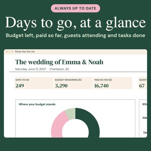 Puede incluir: Un panel digital de planificaci&oacute;n de bodas titulado The wedding of Emma & Noah el 12 de junio de 2027. Muestra m&eacute;tricas que incluyen 249 d&iacute;as restantes, 3.290 d&oacute;lares de presupuesto, 16.740 d&oacute;lares pagados y 67 invitados.