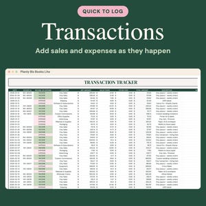 May include: A digital spreadsheet titled Transaction Tracker on a Planly Biz Books Lite interface. The table includes columns for date, invoice number, income or expense, category, net amount, sales taxes, other fees, total amount, and description.