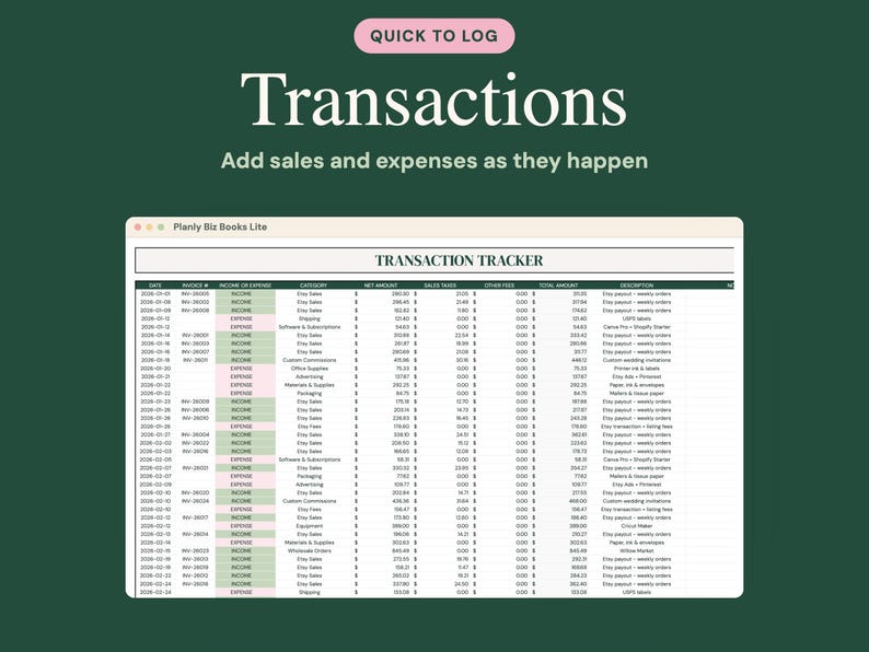 May include: A digital spreadsheet titled Transaction Tracker on a Planly Biz Books Lite interface. The table includes columns for date, invoice number, income or expense, category, net amount, sales taxes, other fees, total amount, and description.