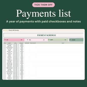 May include: A digital payment schedule spreadsheet titled Planly Bill Buddy with columns for paid status, name, date, amount, and notes. The interface features pink and green filter buttons and a list of recurring expenses with checkboxes.