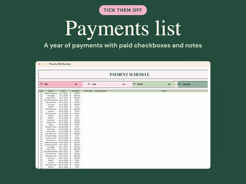 May include: A digital payment schedule spreadsheet titled Planly Bill Buddy with columns for paid status, name, date, amount, and notes. The interface features pink and green filter buttons and a list of recurring expenses with checkboxes.