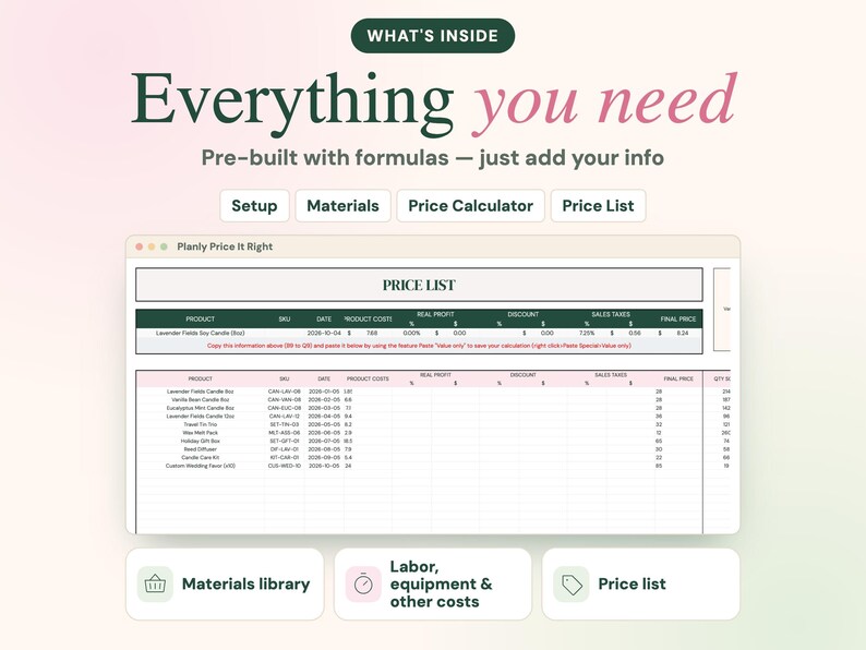 May include: A digital spreadsheet template titled Planly Price It Right, featuring sections for Setup, Materials, Price Calculator, and Price List. The interface includes columns for product, SKU, date, cost, profit, discount, taxes, and final price.