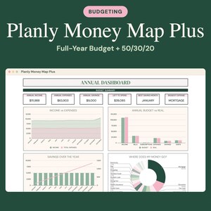 May include: A digital budget planner interface titled Planly Money Map Plus on a dark green background. The dashboard displays an annual summary, income versus expenses graphs, annual budget versus real data, and a pie chart for spending.