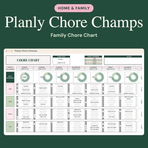 Pu&ograve; includere: Una tabella digitale delle faccende domestiche intitolata Planly Chore Champs su sfondo verde scuro. La tabella presenta un programma settimanale, grafici a ciambella per il progresso giornaliero e righe per i membri.