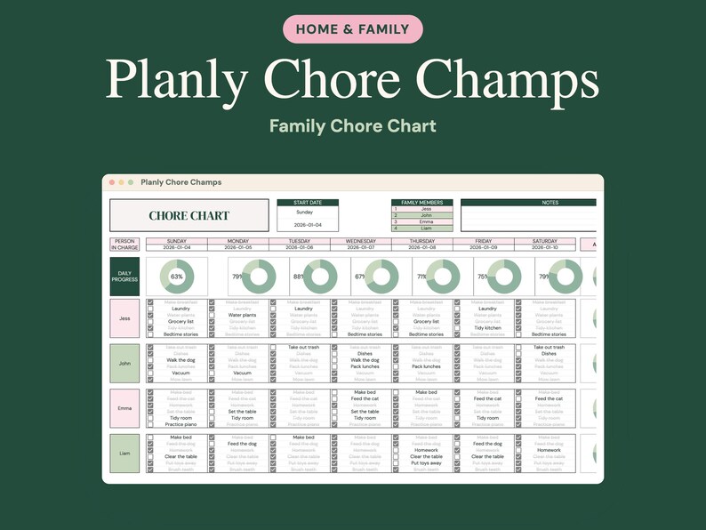 Pu&ograve; includere: Una tabella digitale delle faccende domestiche intitolata Planly Chore Champs su sfondo verde scuro. La tabella presenta un programma settimanale, grafici a ciambella per il progresso giornaliero e righe per i membri.
