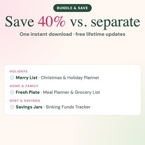 Puede incluir: Un gr&aacute;fico de paquete de productos digitales con el texto BUNDLE & SAVE, Save 40% vs. separate, y One instant download &middot; free lifetime updates. Enumera tres planificadores: Merry List, Fresh Plate y Savings Jars con sus descripciones.
