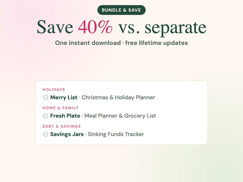 Puede incluir: Un gr&aacute;fico de paquete de productos digitales con el texto BUNDLE & SAVE, Save 40% vs. separate, y One instant download &middot; free lifetime updates. Enumera tres planificadores: Merry List, Fresh Plate y Savings Jars con sus descripciones.