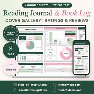Peut inclure: Un journal de lecture et carnet de livres num&eacute;rique pour Google Sheets, affich&eacute; sur un &eacute;cran d'ordinateur portable et de smartphone. L'interface pr&eacute;sente un tableau de bord avec des graphiques, des notes et des suivis de lecture en vert et rose.