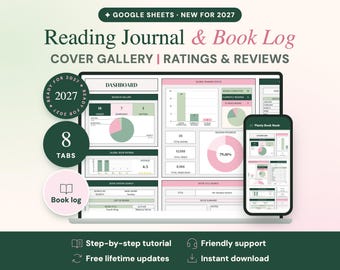 May include: A digital Reading Journal & Book Log for Google Sheets, displayed on a laptop and smartphone screen. The interface features a dashboard with charts, book ratings, and reading progress trackers in shades of green and pink.