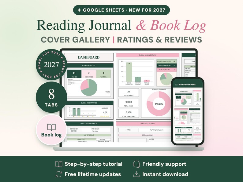 Peut inclure: Un journal de lecture et carnet de livres num&eacute;rique pour Google Sheets, affich&eacute; sur un &eacute;cran d'ordinateur portable et de smartphone. L'interface pr&eacute;sente un tableau de bord avec des graphiques, des notes et des suivis de lecture en vert et rose.