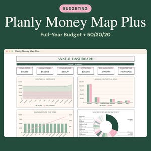 K&ouml;nnte beinhalten: Ein digitales Budget-Dashboard mit dem Titel Planly Money Map Plus mit einem Ganzjahresbudget und einem 50/30/20-Plan. Die Oberfl&auml;che zeigt ein Jahres-Dashboard mit Einnahmen, Ausgaben, Ersparnissen und Diagrammen, inklusive Balken- und Tortendiagrammen.