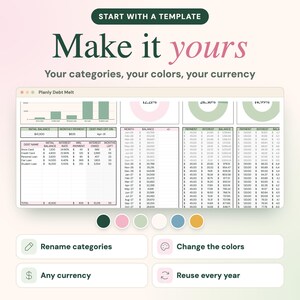 May include: A digital debt tracker template titled Planly Debt Melt, featuring a spreadsheet interface with columns for debt names, balances, interest rates, and payments. Below are six circular color swatches and four buttons labeled Rename categories, Change the colors, Any currency, and Reuse every year.