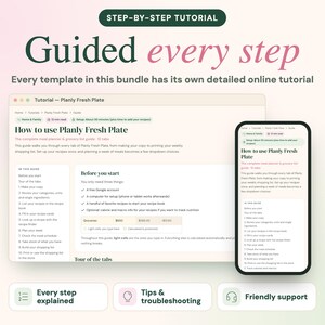 Pu&ograve; includere: Una guida tutorial digitale per il pianificatore di pasti Planly Fresh Plate, visualizzata sullo schermo di un portatile e di uno smartphone. Il testo recita Guided every step, How to use Planly Fresh Plate, Every step explained, Tips & troubleshooting e Friendly support.