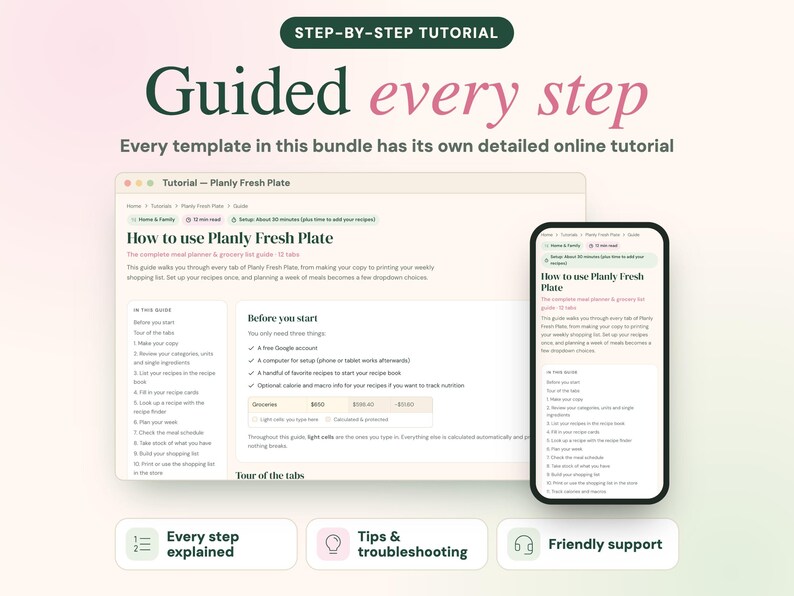 Pu&ograve; includere: Una guida tutorial digitale per il pianificatore di pasti Planly Fresh Plate, visualizzata sullo schermo di un portatile e di uno smartphone. Il testo recita Guided every step, How to use Planly Fresh Plate, Every step explained, Tips & troubleshooting e Friendly support.
