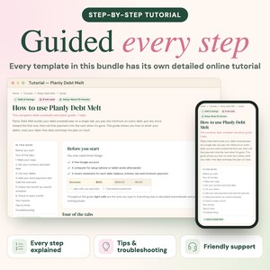 May include: A digital tutorial guide for the Planly Debt Melt template displayed on a laptop screen and a smartphone. The text reads Step-by-step tutorial, Guided every step, How to use Planly Debt Melt, Every step explained, Tips & troubleshooting.