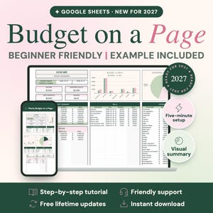 May include: A digital budget planner template for Google Sheets titled Budget on a Page, displayed on a laptop screen and a smartphone. The interface features financial dashboards, charts, and tables for 2027, with text labels including Beginner Friendly and Example Included.