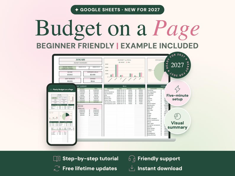 Puede incluir: Una plantilla de presupuesto digital para Google Sheets titulada Budget on a Page, mostrada en la pantalla de una computadora port&aacute;til y un tel&eacute;fono inteligente. La interfaz presenta paneles financieros, gr&aacute;ficos y tablas para 2027, con etiquetas como Beginner Friendly y Example Included.