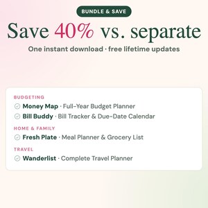 May include: A digital bundle graphic featuring the text Save 40% vs. separate, One instant download, free lifetime updates. It lists Money Map, Bill Buddy, Fresh Plate, and Wanderlist planners under Budgeting, Home & Family, and Travel categories.