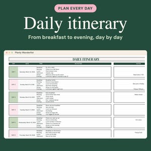 May include: A digital daily itinerary planner template on a dark green background. The header reads PLAN EVERY DAY and Daily itinerary. The table includes columns for day, date, time, activities, and notes, with six days of travel plans listed.