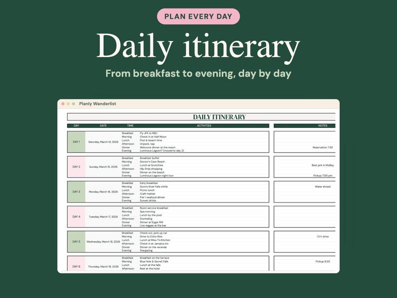 May include: A digital daily itinerary planner template on a dark green background. The header reads PLAN EVERY DAY and Daily itinerary. The table includes columns for day, date, time, activities, and notes, with six days of travel plans listed.