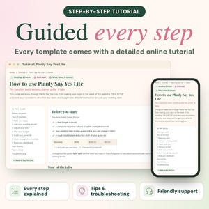Puede incluir: Una interfaz digital que muestra un tutorial de planificador de bodas titulado How to use Planly Say Yes Lite. La pantalla presenta una ventana de navegador de escritorio y una pantalla de tel&eacute;fono inteligente, detallando pasos de configuraci&oacute;n y presupuesto.