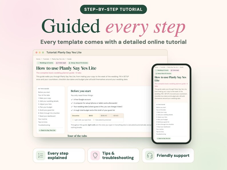 Puede incluir: Una interfaz digital que muestra un tutorial de planificador de bodas titulado How to use Planly Say Yes Lite. La pantalla presenta una ventana de navegador de escritorio y una pantalla de tel&eacute;fono inteligente, detallando pasos de configuraci&oacute;n y presupuesto.