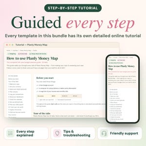 K&ouml;nnte beinhalten: Eine digitale Tutorial-Oberfl&auml;che f&uuml;r den Planly Money Map Budgetplaner, angezeigt auf einem Laptop-Bildschirm und einem Smartphone. Der Text lautet Guided every step, How to use Planly Money Map, Every step explained, Tips & troubleshooting und Friendly support.
