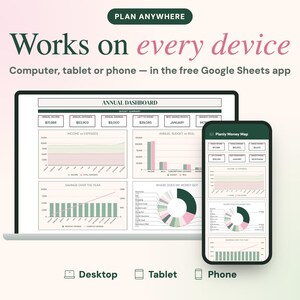 Może przedstawiać: Cyfrowy pulpit nawigacyjny rocznego budżetu wyświetlany na ekranie laptopa i smartfona. Interfejs zawiera wykresy i podsumowania finansowe z widocznym tekstem Plan Anywhere, Works on every device oraz Planly Money Map.