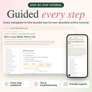 Puede incluir: Una interfaz de tutorial digital para la Planly Merry List mostrada en una pantalla de port&aacute;til y un tel&eacute;fono inteligente. El texto dice Step-by-Step Tutorial, Guided every step y How to use Planly Merry List, con listas y tablas de presupuesto.