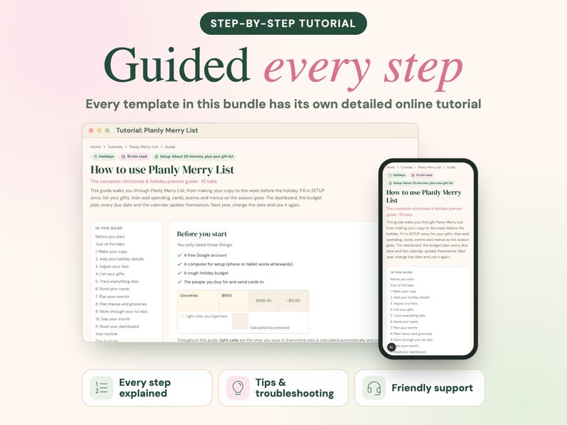 Puede incluir: Una interfaz de tutorial digital para la Planly Merry List mostrada en una pantalla de port&aacute;til y un tel&eacute;fono inteligente. El texto dice Step-by-Step Tutorial, Guided every step y How to use Planly Merry List, con listas y tablas de presupuesto.