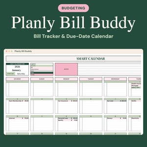 May include: A digital Planly Bill Buddy bill tracker and due-date calendar for January 2026. The interface features a smart calendar grid with pink and green accents, labeled sections for income, bills, and subscriptions, and a notes box.