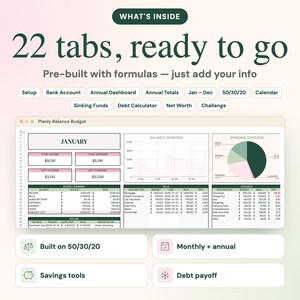 May include: A digital budget spreadsheet interface titled Planly Balance Budget, featuring 22 tabs including Setup, Bank Account, Annual Dashboard, Annual Totals, Jan-Dec, 50/30/20, Calendar, Sinking Funds, Debt Calculator, Net Worth, and Challenge.