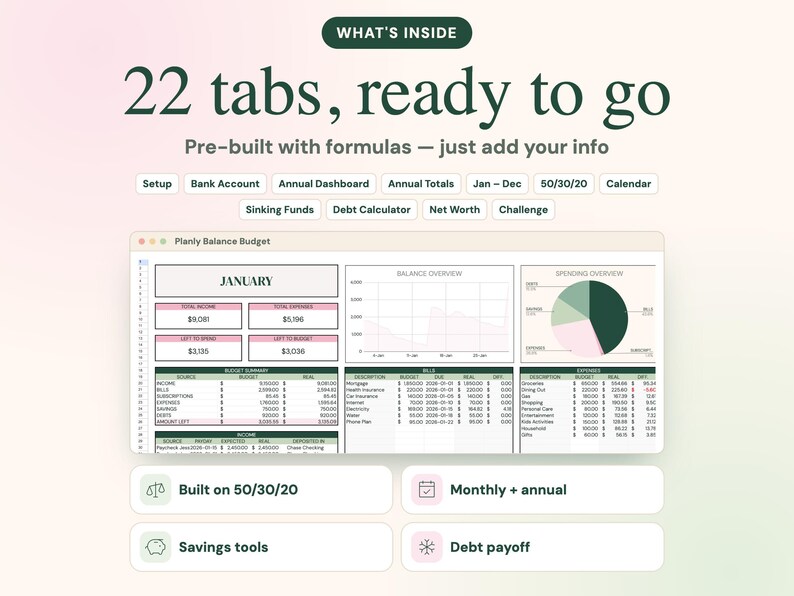 May include: A digital budget spreadsheet interface titled Planly Balance Budget, featuring 22 tabs including Setup, Bank Account, Annual Dashboard, Annual Totals, Jan-Dec, 50/30/20, Calendar, Sinking Funds, Debt Calculator, Net Worth, and Challenge.