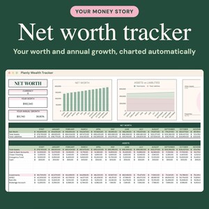 Puede incluir: Una hoja de c&aacute;lculo digital de seguimiento del patrimonio neto sobre un fondo verde oscuro. La interfaz muestra el texto 'YOUR MONEY STORY', 'Net worth tracker' y 'Your worth and annual growth, charted automatically' sobre un panel con gr&aacute;ficos y tablas financieras.