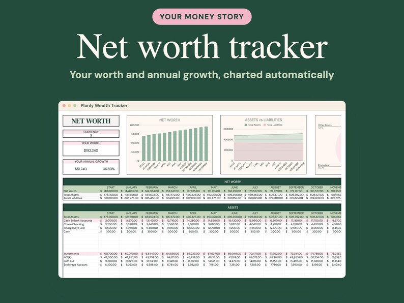 Puede incluir: Una hoja de c&aacute;lculo digital de seguimiento del patrimonio neto sobre un fondo verde oscuro. La interfaz muestra el texto 'YOUR MONEY STORY', 'Net worth tracker' y 'Your worth and annual growth, charted automatically' sobre un panel con gr&aacute;ficos y tablas financieras.