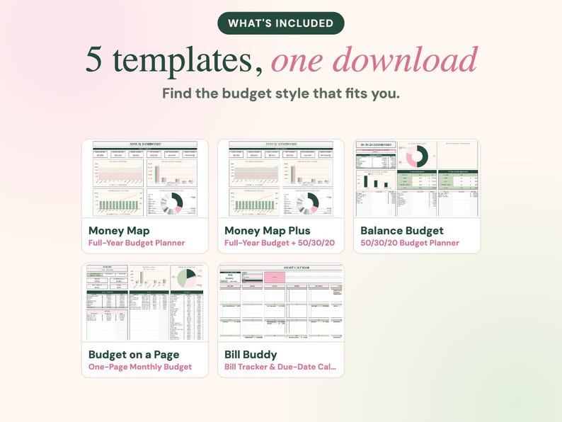 May include: A digital budget planner set featuring 5 templates: Money Map, Money Map Plus, Balance Budget, Budget on a Page, and Bill Buddy. The text reads: WHAT'S INCLUDED, 5 templates, one download, Find the budget style that fits you.