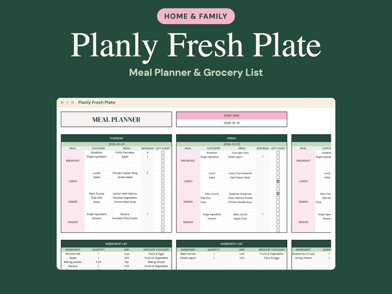 Puede incluir: Una plantilla digital de planificador de comidas y lista de la compra titulada Planly Fresh Plate. La interfaz presenta un fondo verde oscuro con texto en blanco, organizado en columnas para comidas diarias, categor&iacute;as y listas de ingredientes con casillas.