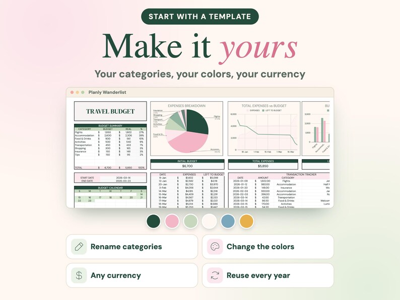 May include: A digital travel budget planner template featuring a dashboard with a pie chart, expense breakdown, and transaction tracker. The interface includes text labels like 'TRAVEL BUDGET', 'Make it yours', and 'Start with a template'.
