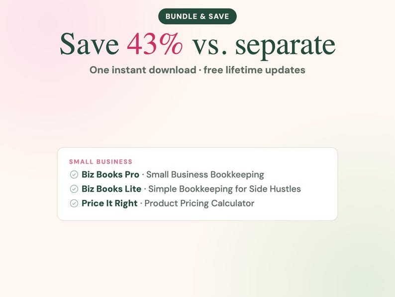 K&ouml;nnte beinhalten: Eine digitale B&uuml;ndelgrafik mit dem Text BUNDLE & SAVE, Save 43% vs. separate und One instant download &middot; free lifetime updates. Sie listet Biz Books Pro, Biz Books Lite und Price It Right f&uuml;r die Buchhaltung kleiner Unternehmen auf.