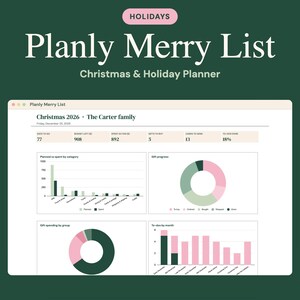 Puede incluir: Un planificador digital de Navidad y vacaciones titulado Planly Merry List, que presenta un panel con visualizaciones de datos, incluidos gr&aacute;ficos de barras y de anillos que rastrean el presupuesto y los gastos.