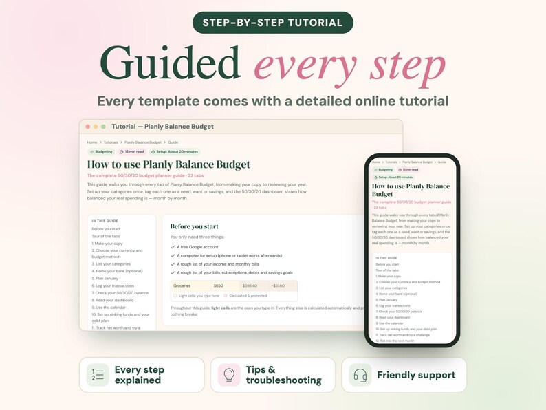 May include: A digital tutorial guide for the Planly Balance Budget displayed on a laptop screen and a smartphone screen, featuring text headers like Guided every step and Step-by-step tutorial with icons for explanations, tips, and support.