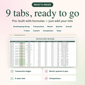 May include: A digital bookkeeping spreadsheet titled Planly Biz Books Pro featuring a transaction tracker with columns for date, invoice, income or expense, category, and amount. Includes nine tabs for setup, transactions, and tax reporting.