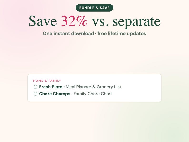 Pu&ograve; includere: Una grafica digitale con uno sfondo a sfumatura tenue che riporta il testo BUNDLE & SAVE, Save 32% vs. separate, One instant download &middot; free lifetime updates. Un riquadro bianco elenca HOME & FAMILY: Fresh Plate &middot; Meal Planner & Grocery List, Chore Champs &middot; Family Chore Chart.