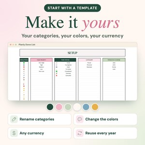 May include: A digital task management template titled Planly Done List with columns for emoji pool, task priority, task status, category, and person in charge. Below are buttons for rename categories, change the colors, any currency, and reuse every year.
