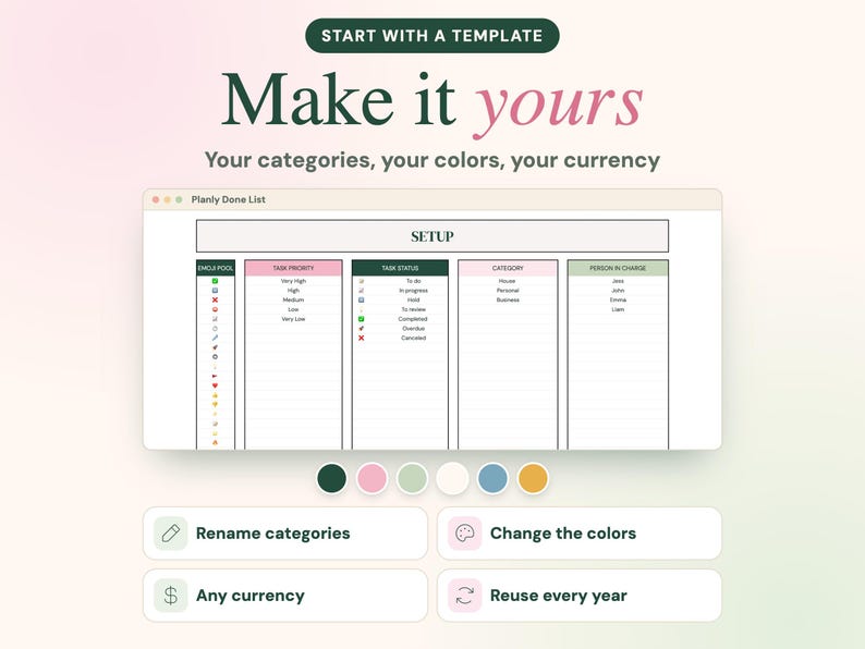 May include: A digital task management template titled Planly Done List with columns for emoji pool, task priority, task status, category, and person in charge. Below are buttons for rename categories, change the colors, any currency, and reuse every year.