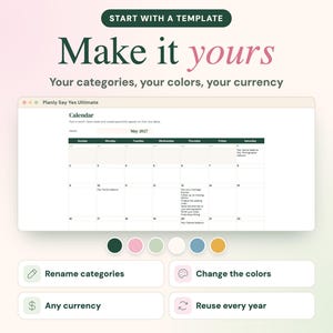 May include: A digital calendar template titled Planly Say Yes Ultimate with a May 2027 monthly view. Below the calendar are six colored circles and four buttons labeled Rename categories, Change the colors, Any currency, and Reuse every year.