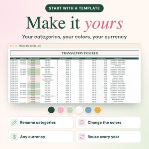 May include: A digital transaction tracker spreadsheet titled Planly Biz Books Lite with columns for date, invoice, income or expense, category, and amounts. Below are six colored circles and four buttons labeled Rename categories, Change the colors, Any currency, and Reuse every year.