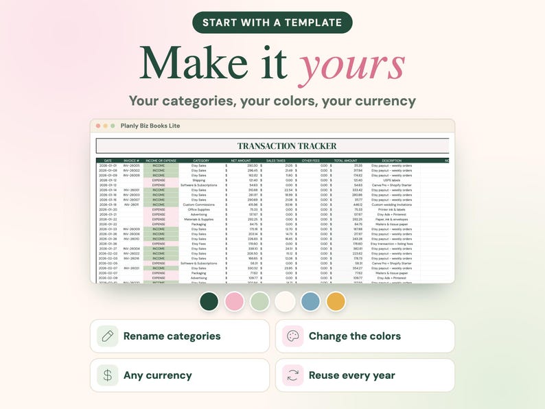 May include: A digital transaction tracker spreadsheet titled Planly Biz Books Lite with columns for date, invoice, income or expense, category, and amounts. Below are six colored circles and four buttons labeled Rename categories, Change the colors, Any currency, and Reuse every year.