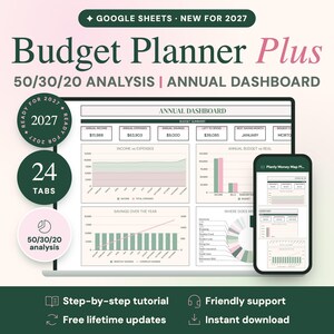May include: A digital budget planner for Google Sheets titled Budget Planner Plus 50/30/20 Analysis Annual Dashboard. The display shows financial charts, graphs, and summary tables on a laptop screen and a smartphone, featuring 24 tabs.