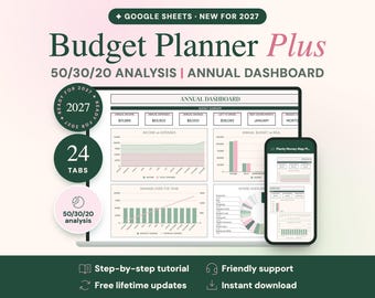 2027 Budget Planner Google Sheets, 50/30/20 Dashboard, Annual Plan (Digital Download)